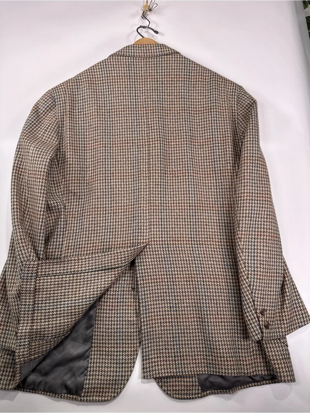 Brooks Brothers Blazer Vintage Silk Wool Houndstooth Plaid Brown Blue 46R